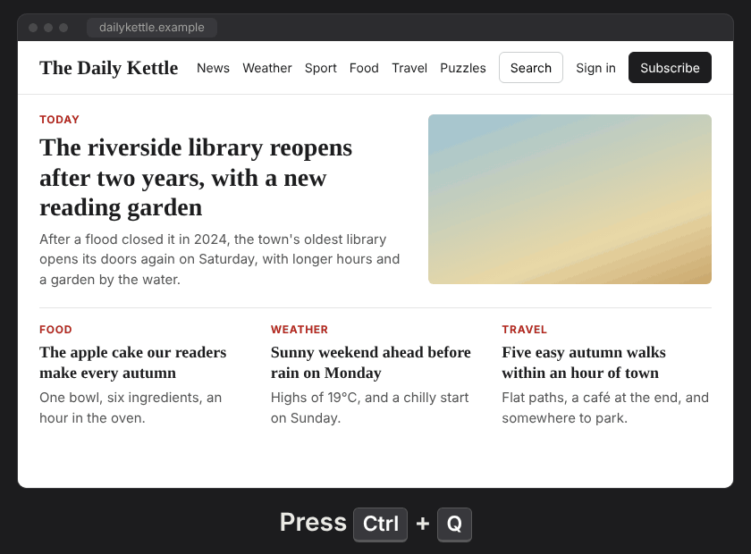 jab on a news page: Ctrl+Q highlights the top story, and Enter opens it.